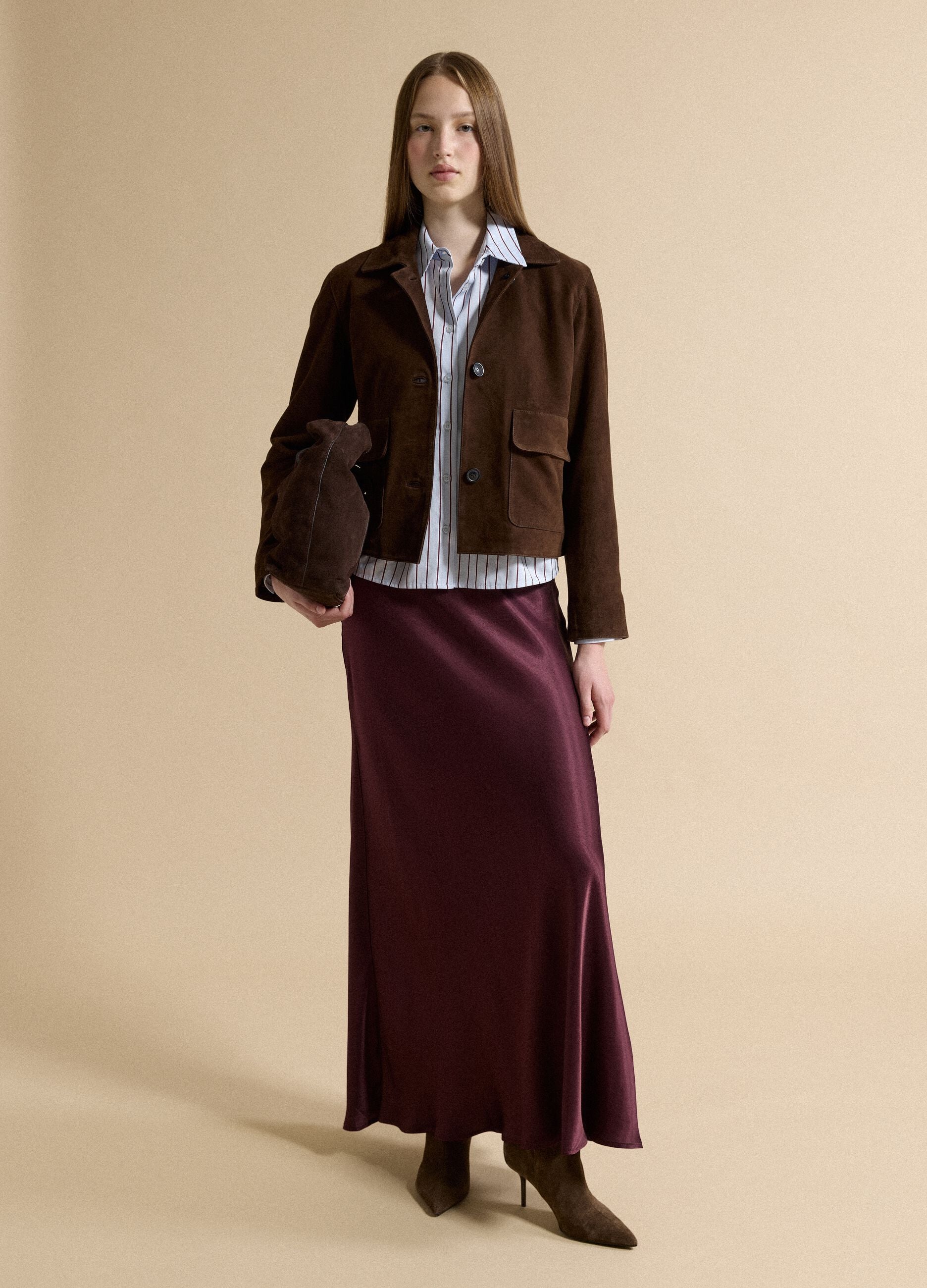 Brown Genuine Leather Blazer with Regular Fit and Classic Lapels