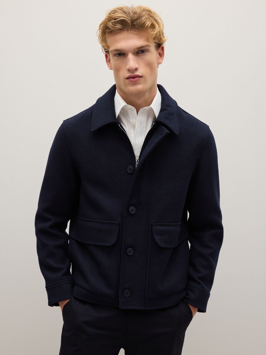 Blue wool blend jacket with buttons regular fit_0