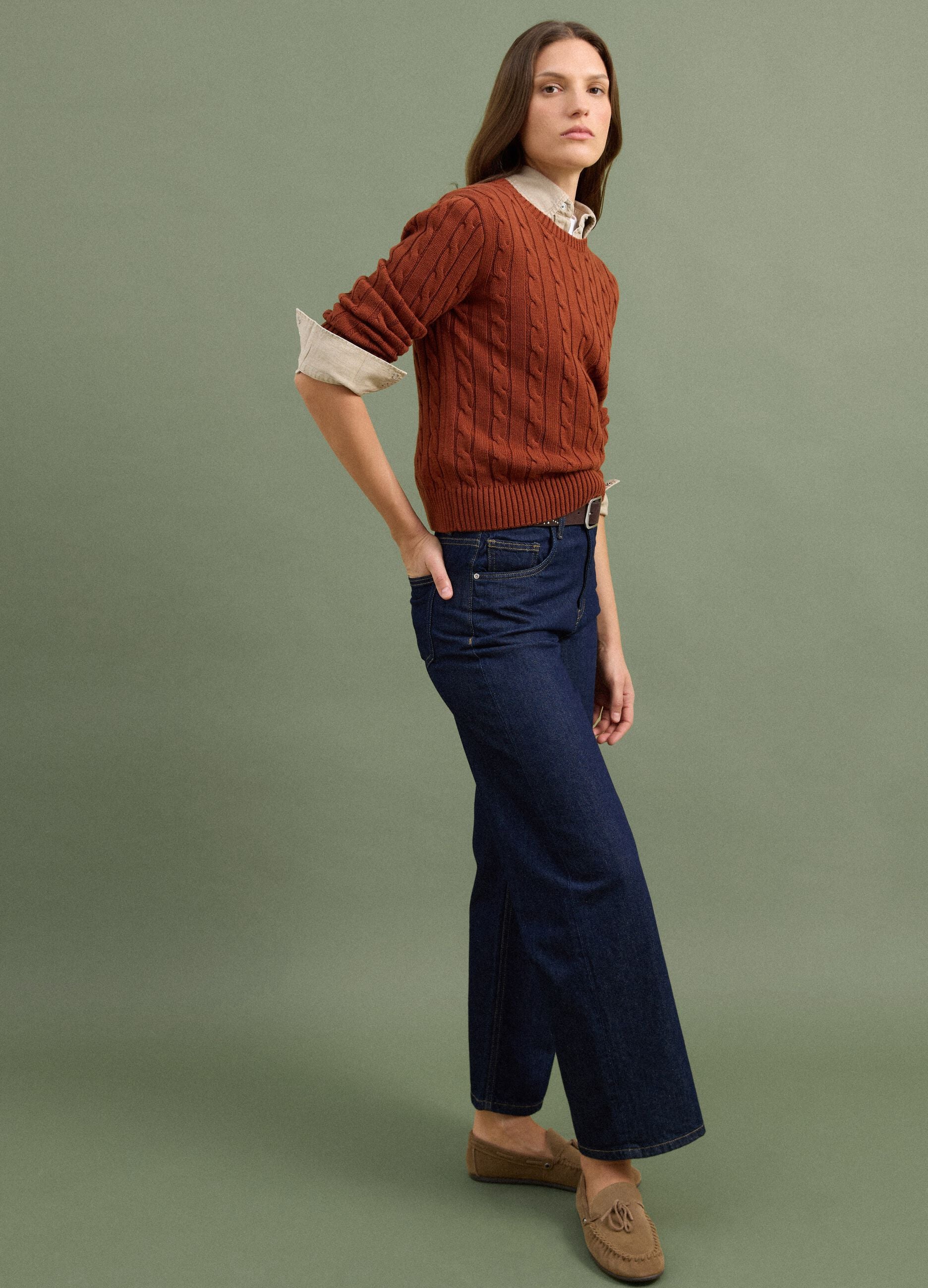Red pure cotton cable-knit crew-neck jumper