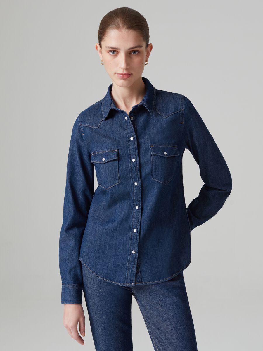Camicia western in denim con bottoni perlati_1