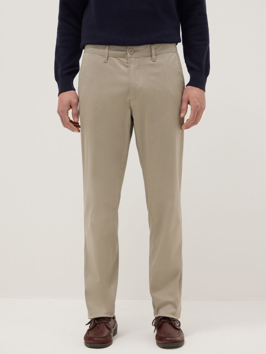 Beige slim fit stretch cotton chino trousers_1