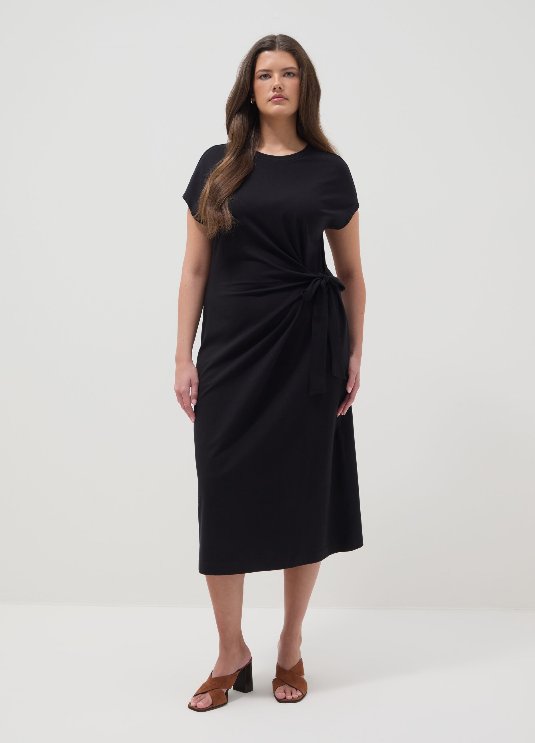 Black midi dress in stretch cotton with side knot