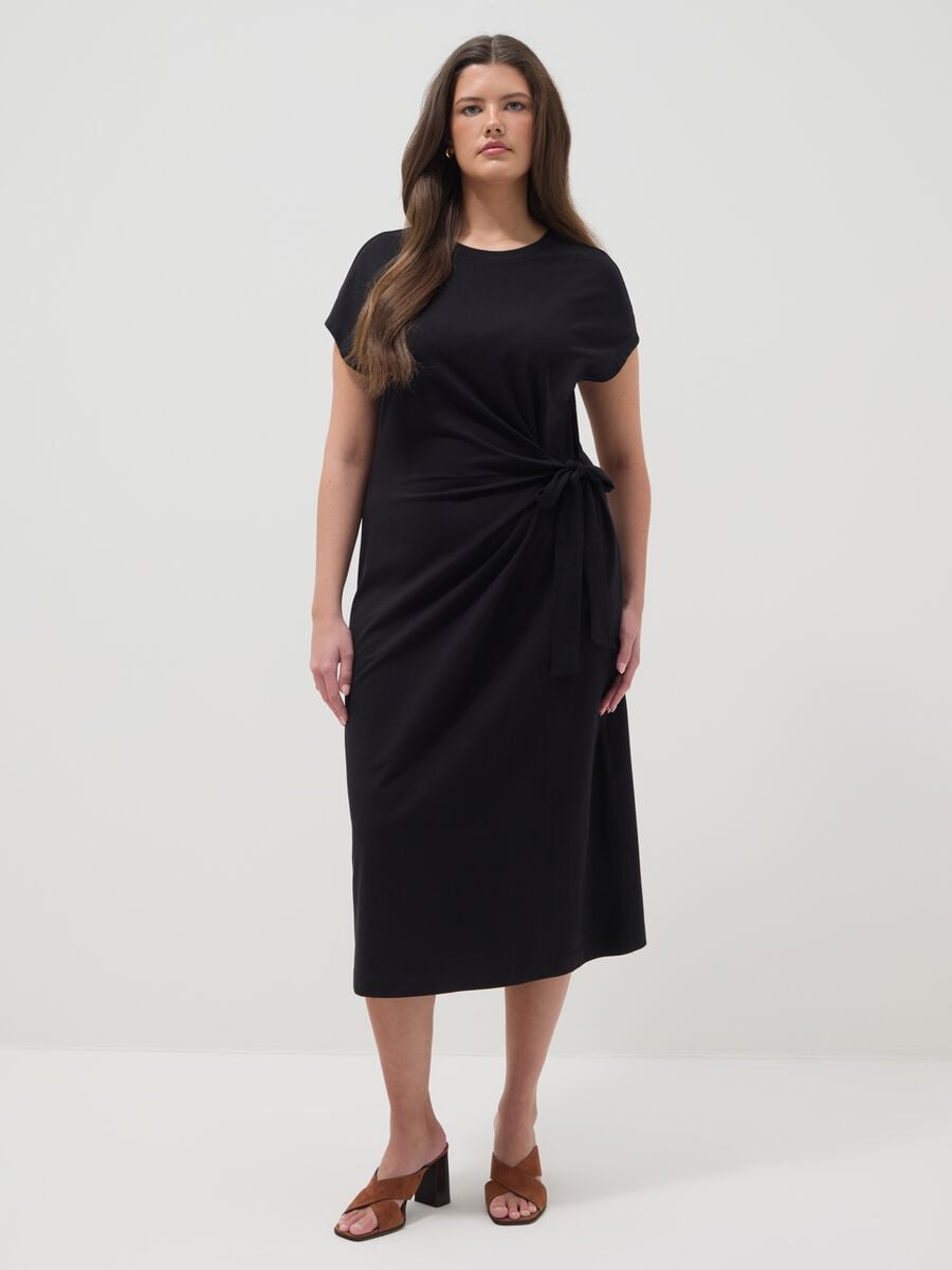 Black midi dress in stretch cotton with side knot_1