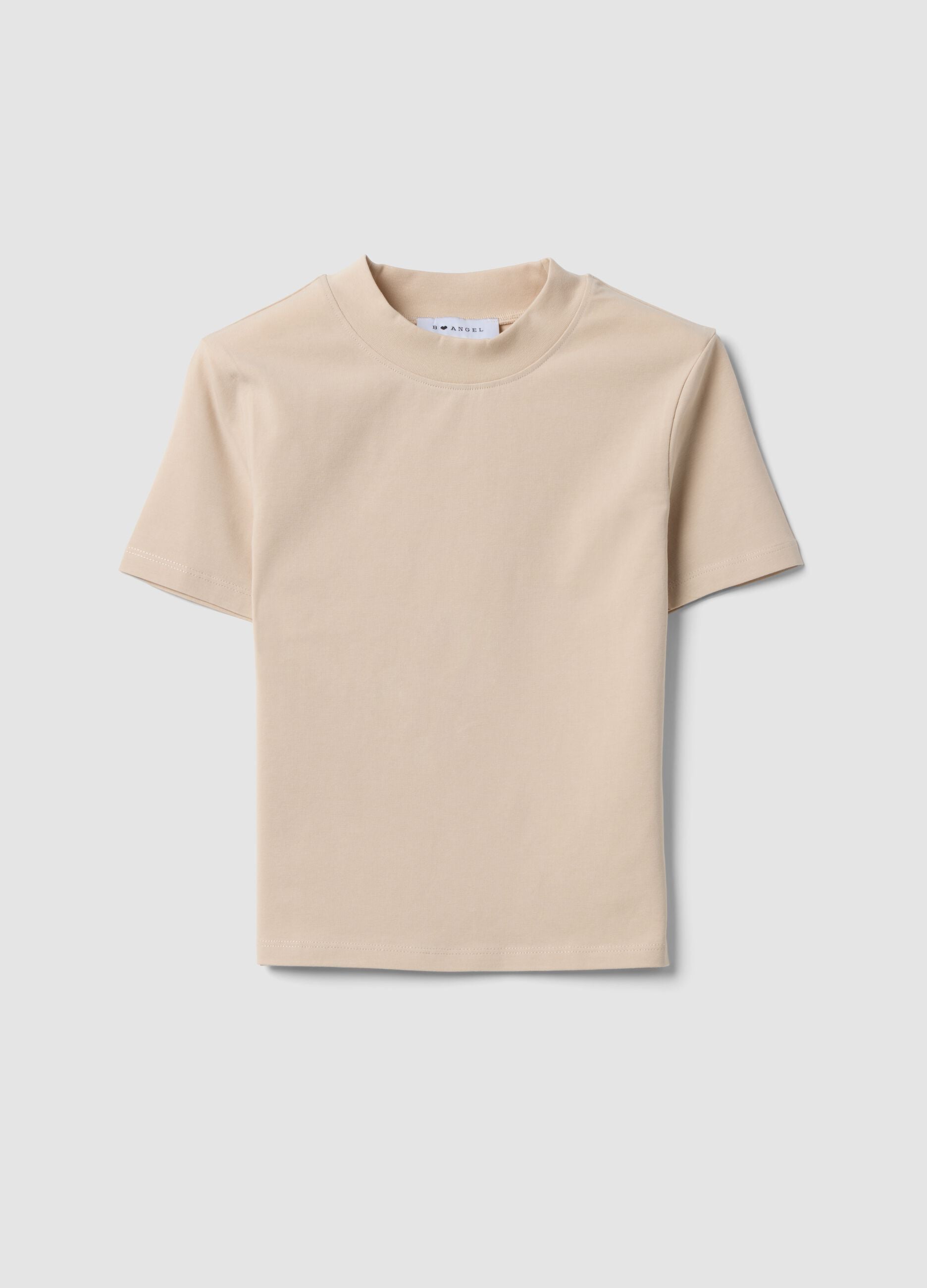 Beige fitted stretch-cotton T-shirt with high neck