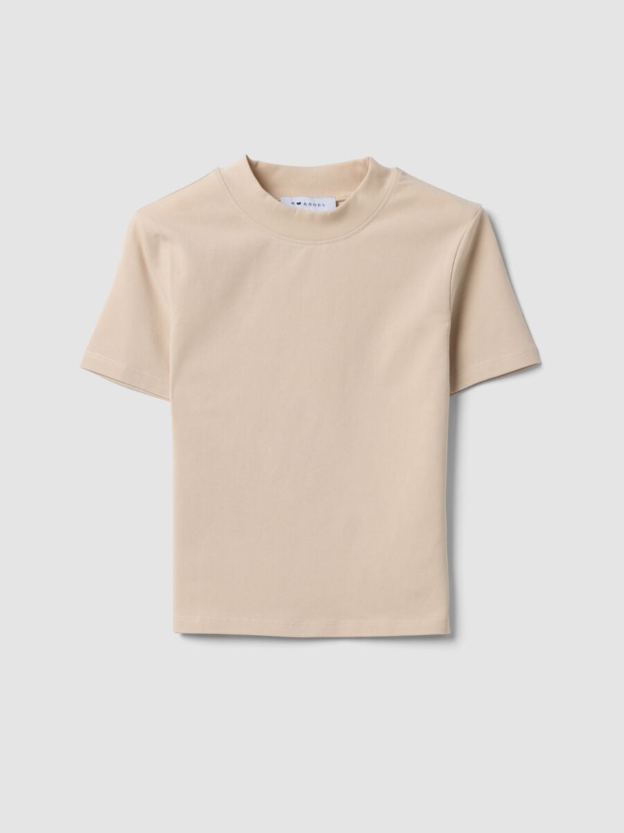 T-shirt fitted beige in cotone elasticizzato con collo rialzato_4