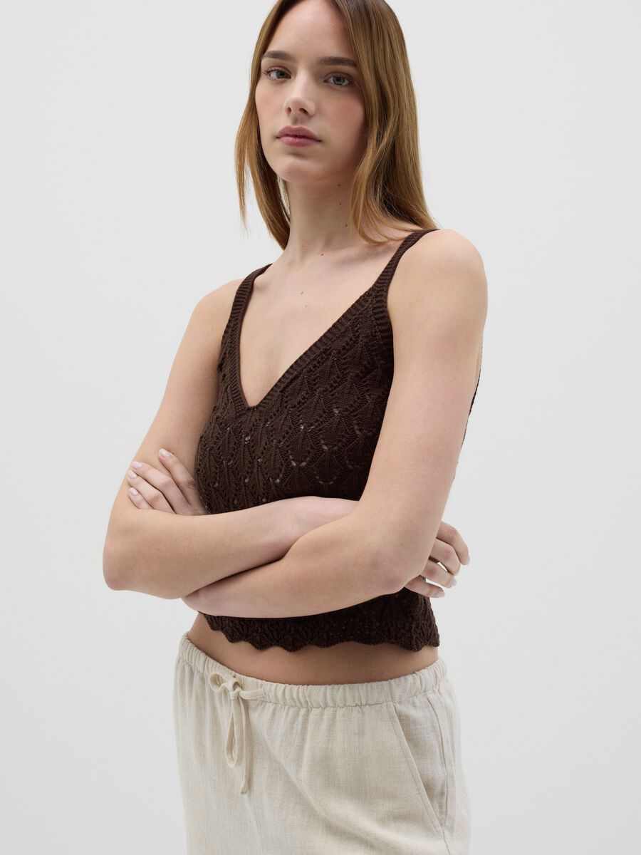 Brown perforated cotton tank top_0