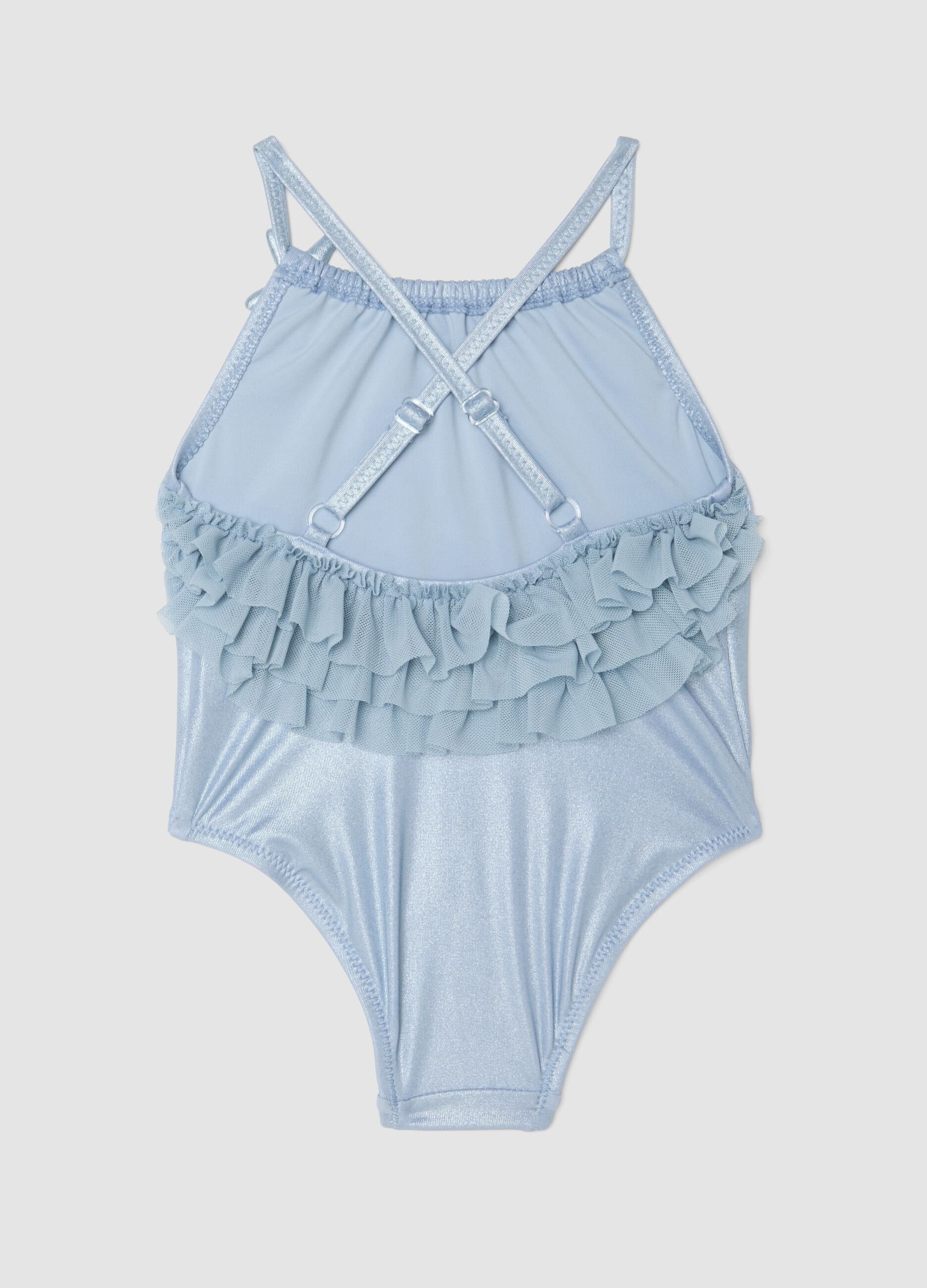 Light blue stretch swimsuit with ruffle detail for baby girls