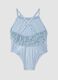 Light blue stretch swimsuit with ruffle detail for baby girls_1
