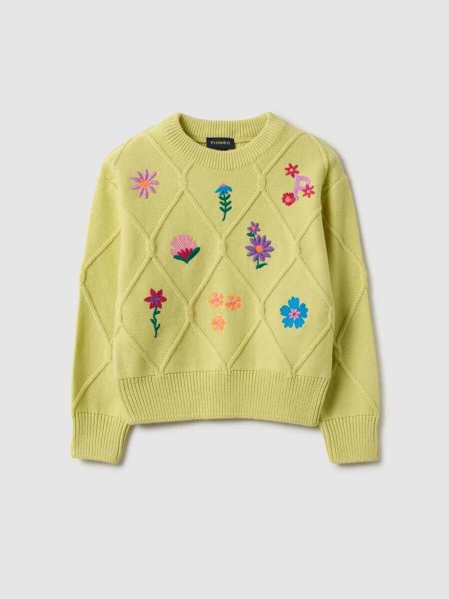 Maglione in puro cotone giallo da bambina regular fit con ricami floreali_0