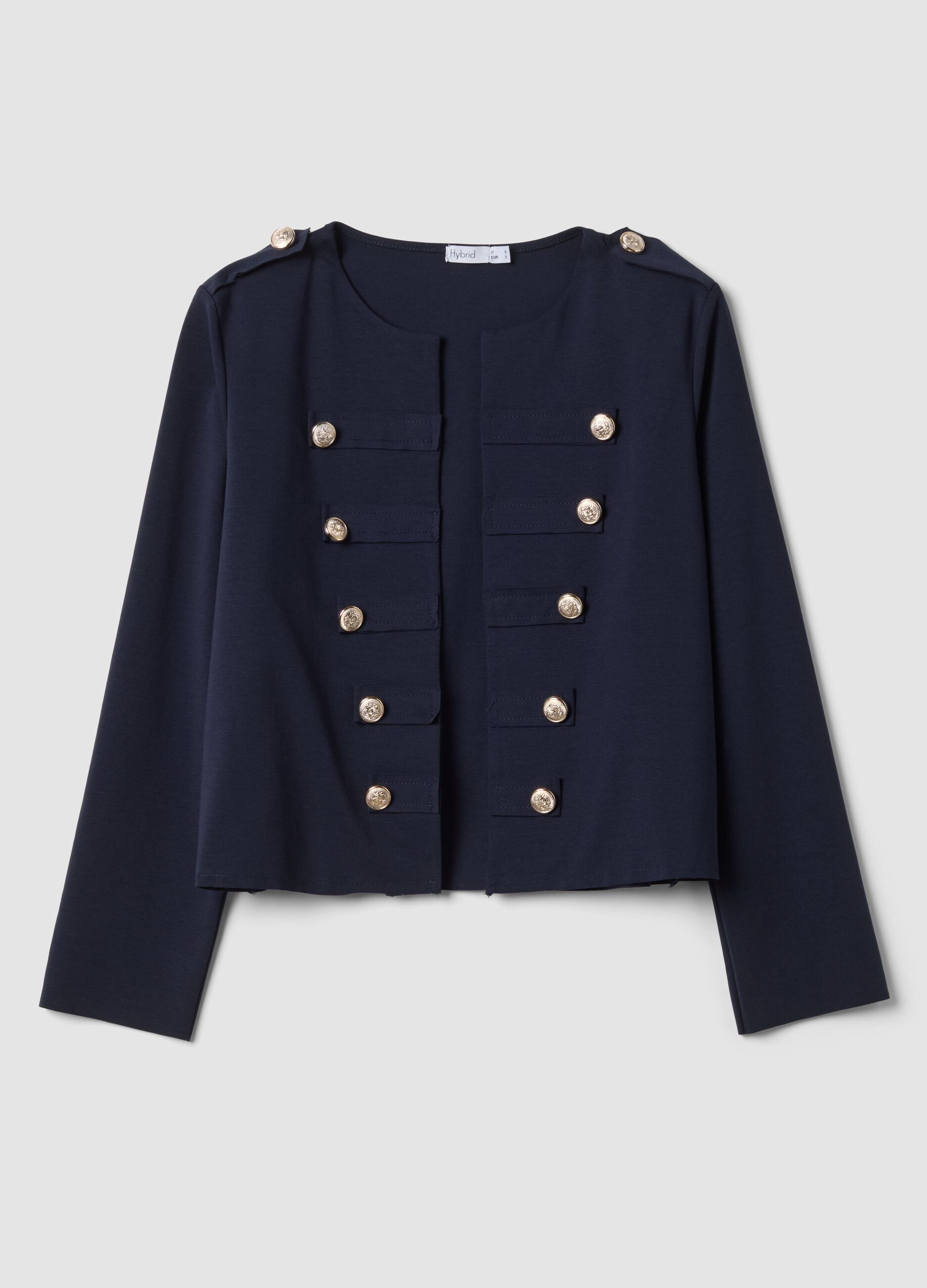 Blue cropped stretch cotton jacket with decorative buttons, regular fit