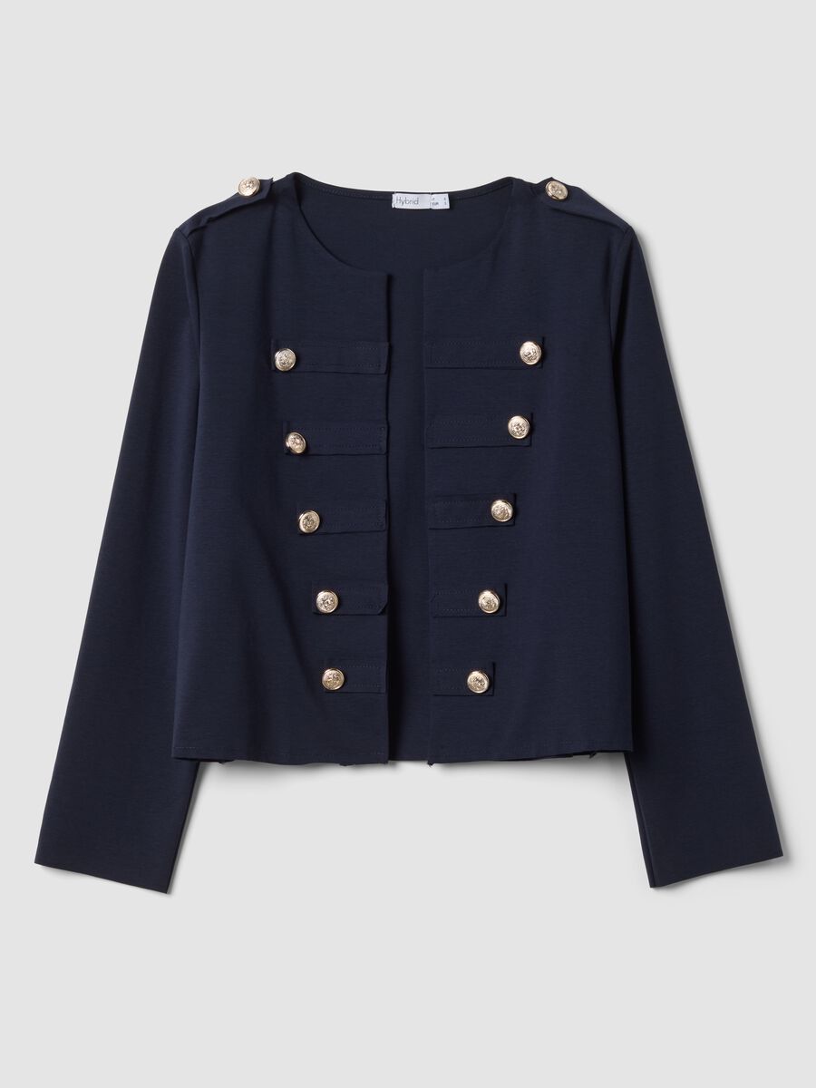 Giacca blu cropped in cotone elasticizzato con bottoni decorativi regular fit_4