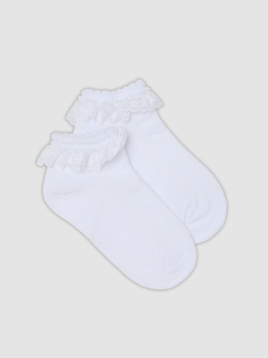 White organic cotton-blend ankle socks with ruffle trim for girls_0