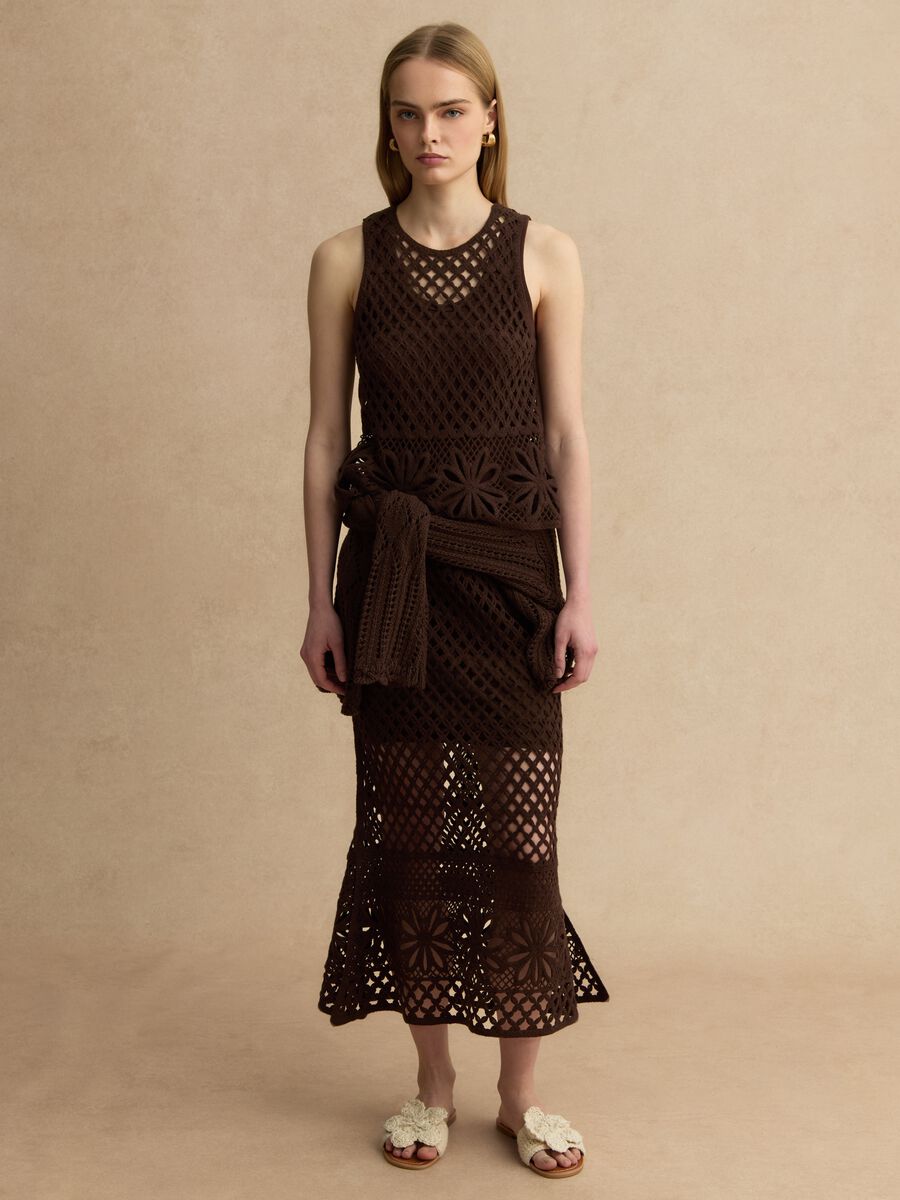 Tank top in misto cotone marrone regular fit con design a rete_2