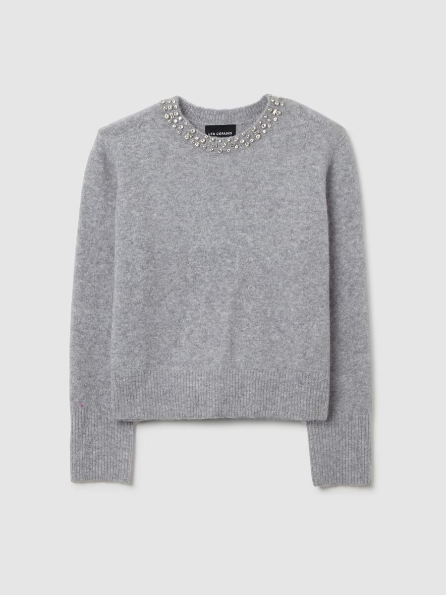 Grey regular fit jumper with jewel neckline_5