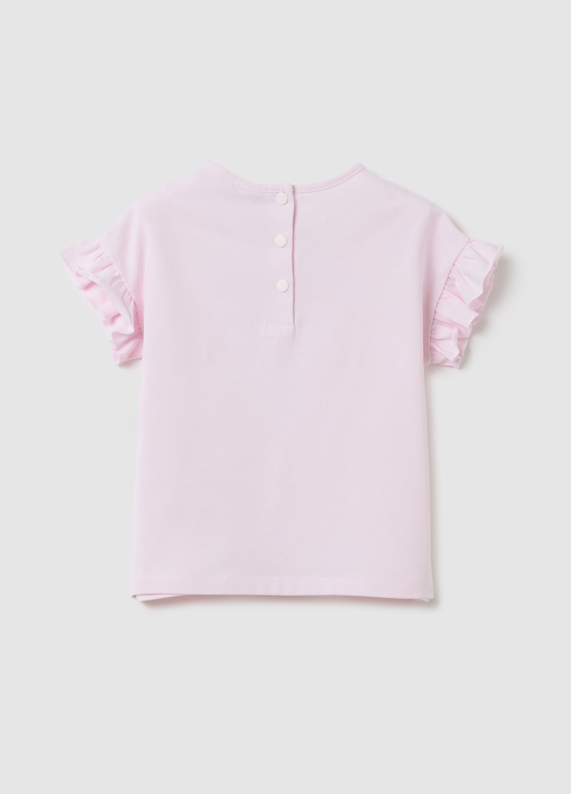 Pink T-shirt with ruffles and floral print