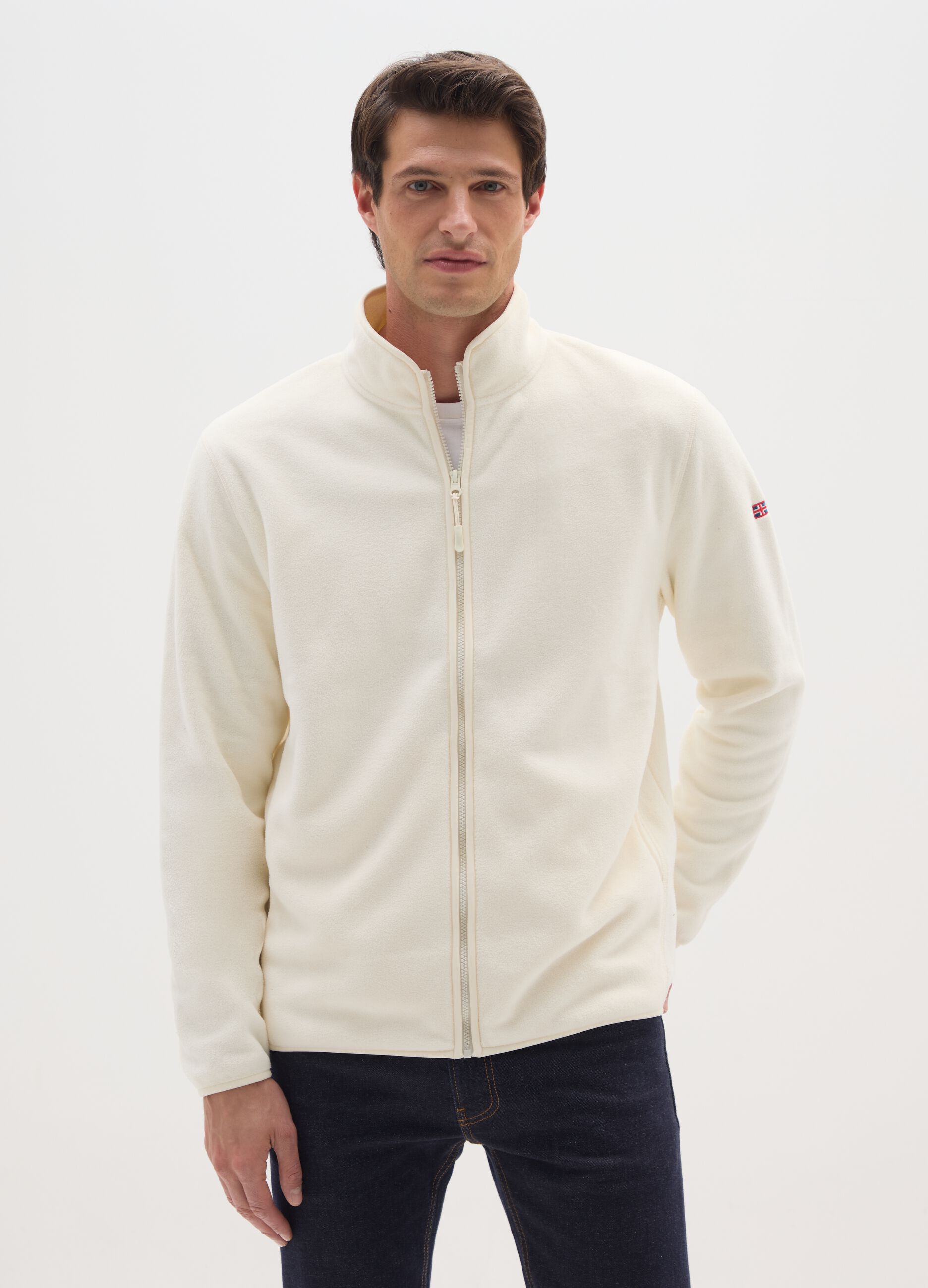 White fleece regular fit zip-up sweatshirt