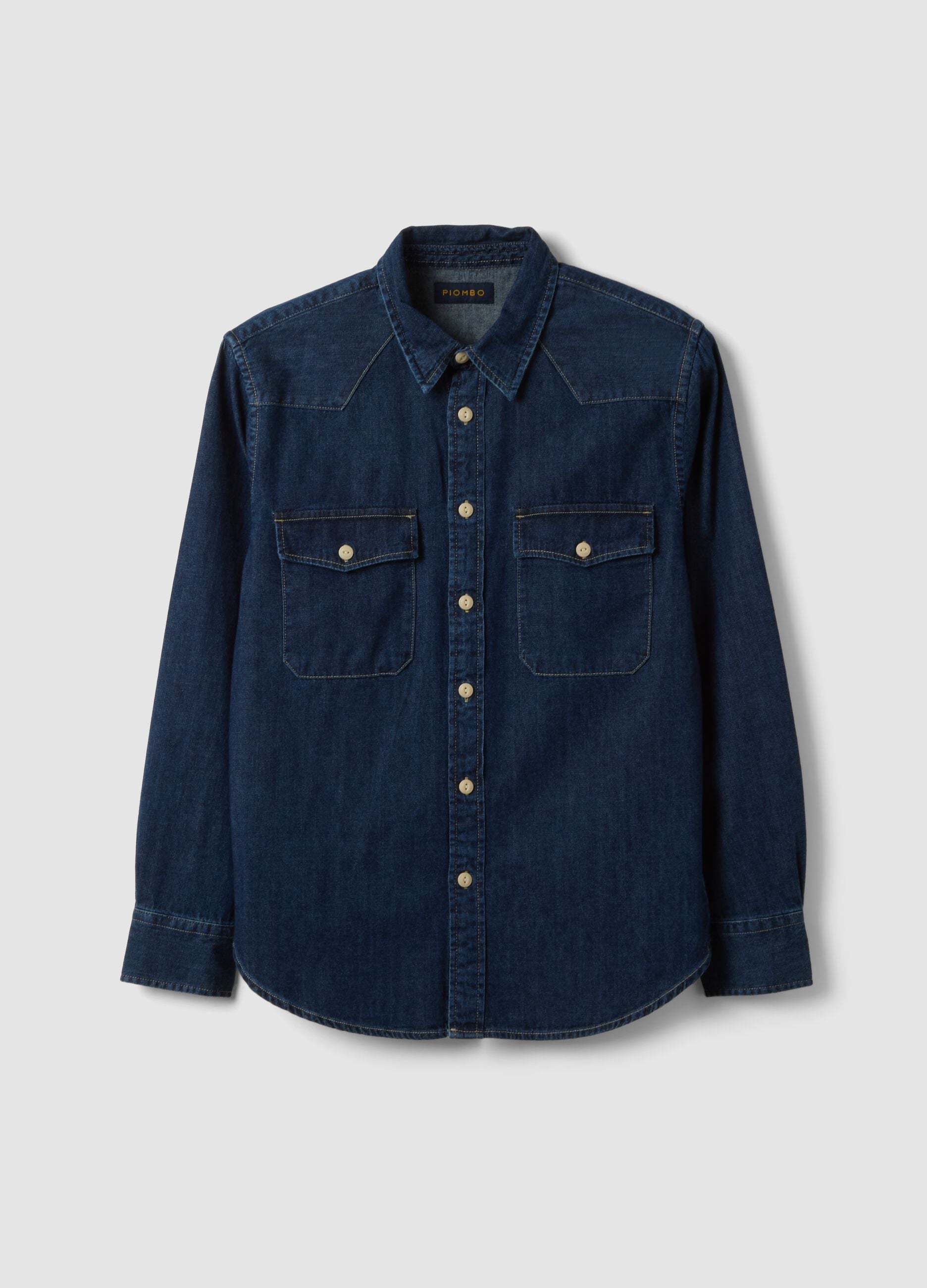 Blue pure cotton shirt with buttons and classic collar, regular fit