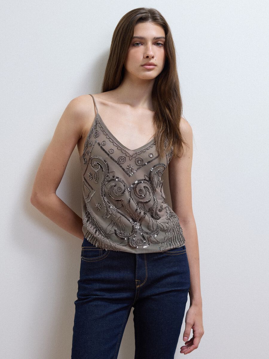 Beige fitted tank top with thin straps in stretch fabric_1