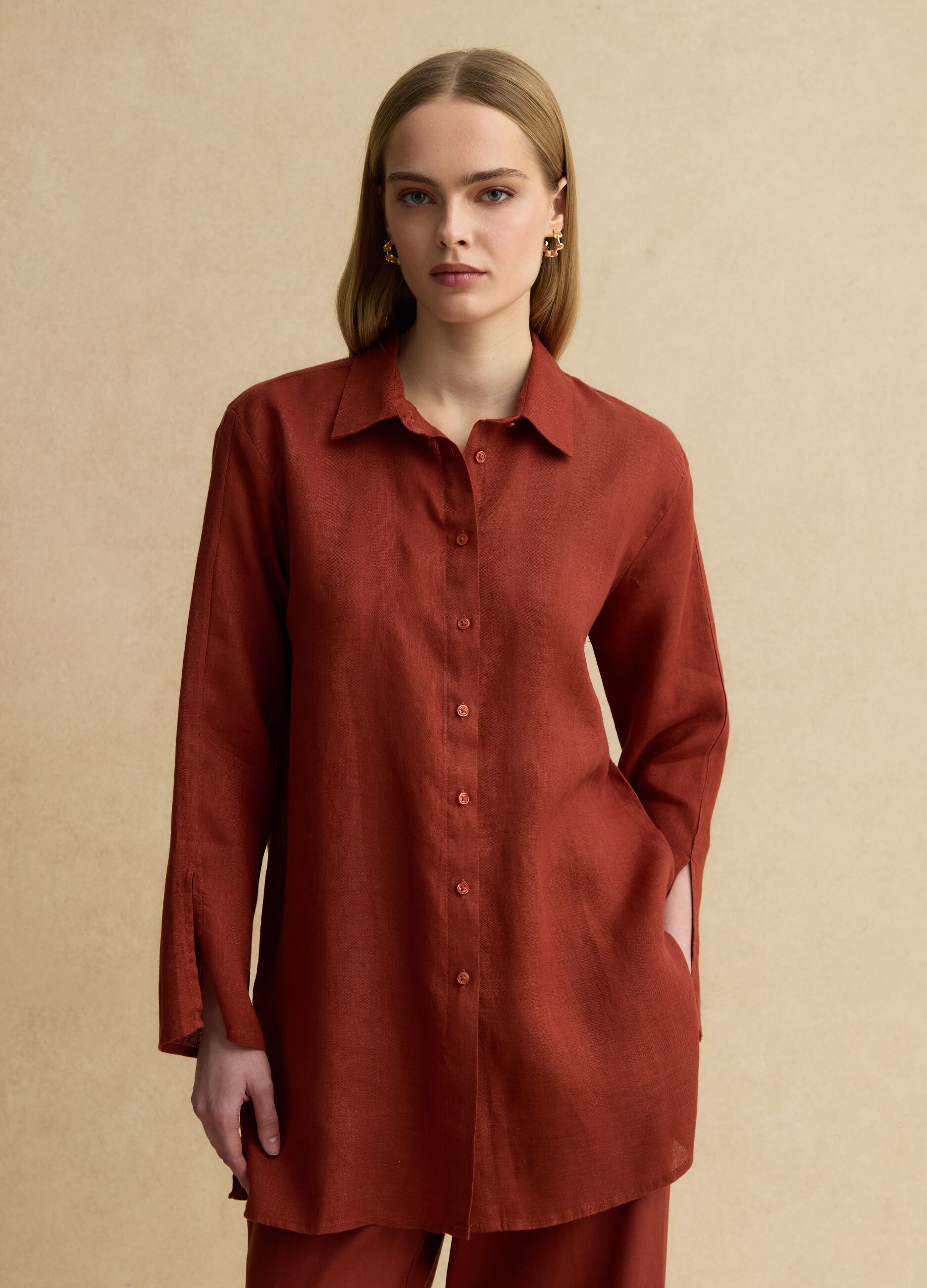 Long oversized pure red linen shirt