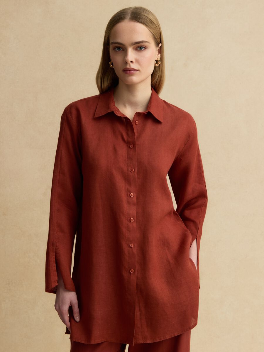 Long oversized pure red linen shirt_0