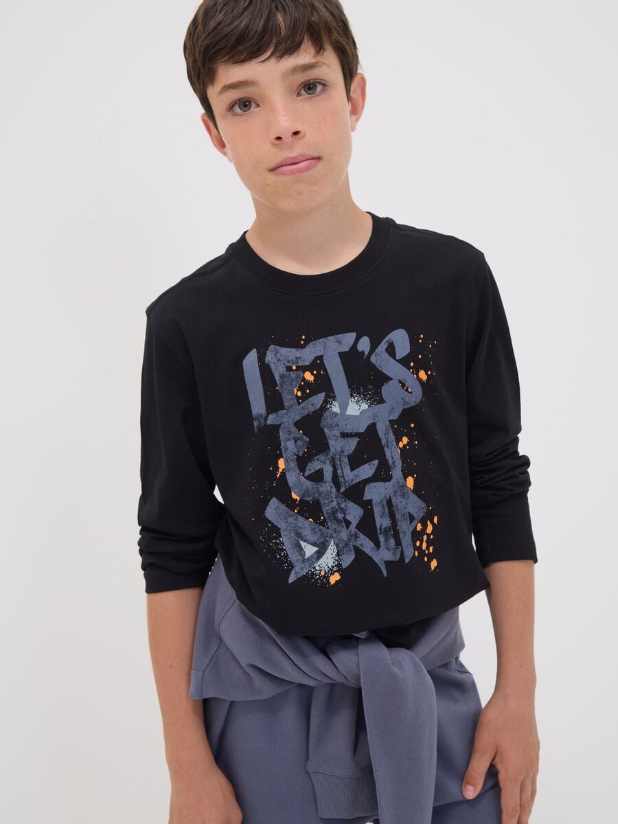 Black organic cotton T-shirt with "Let's get drip" slogan for boys_0