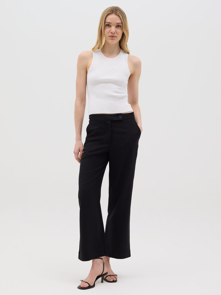 Women's black regular-fit trousers in viscose and linen blend_0