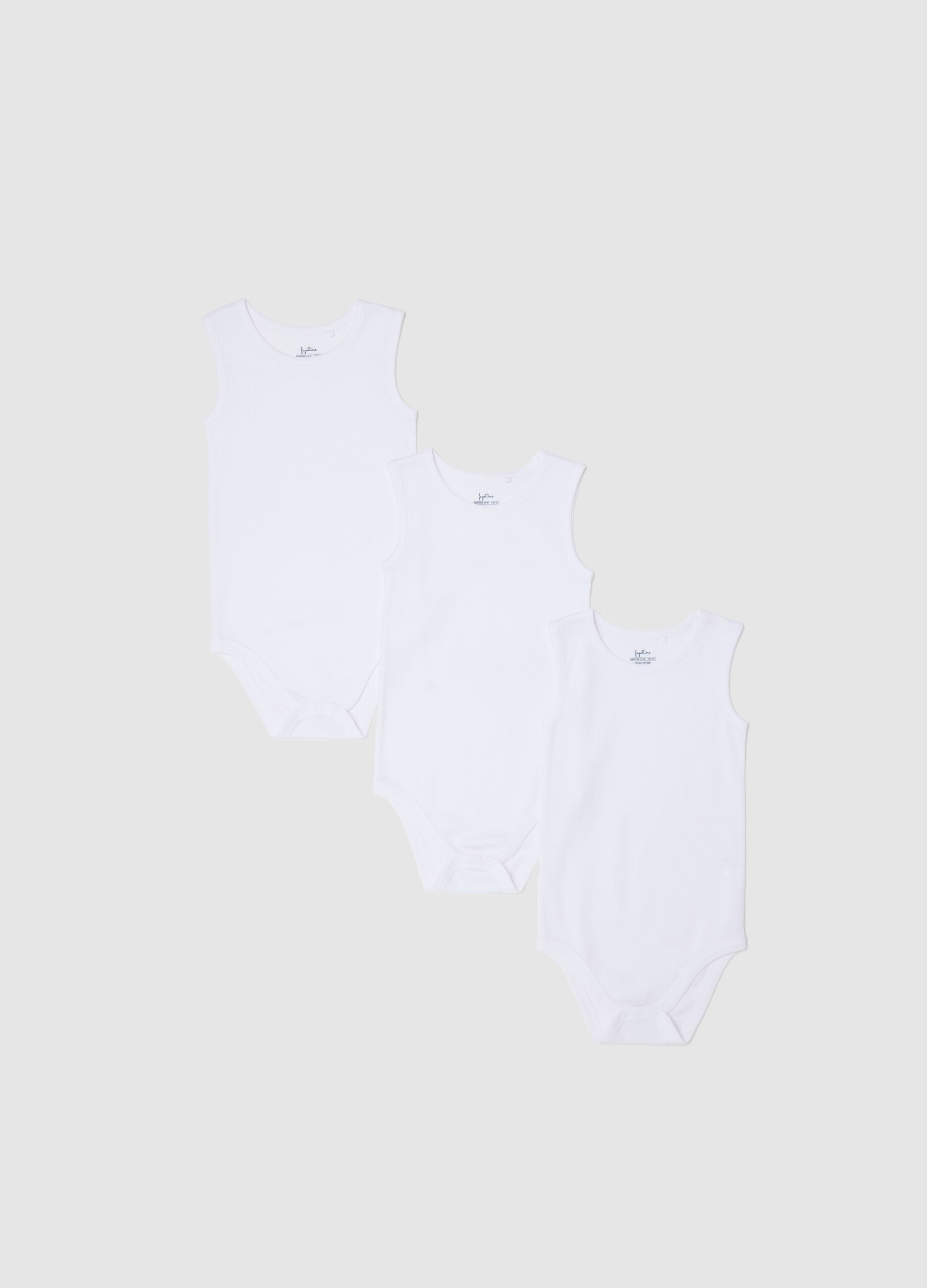 Three-pack white sleeveless bodysuits in organic cotton