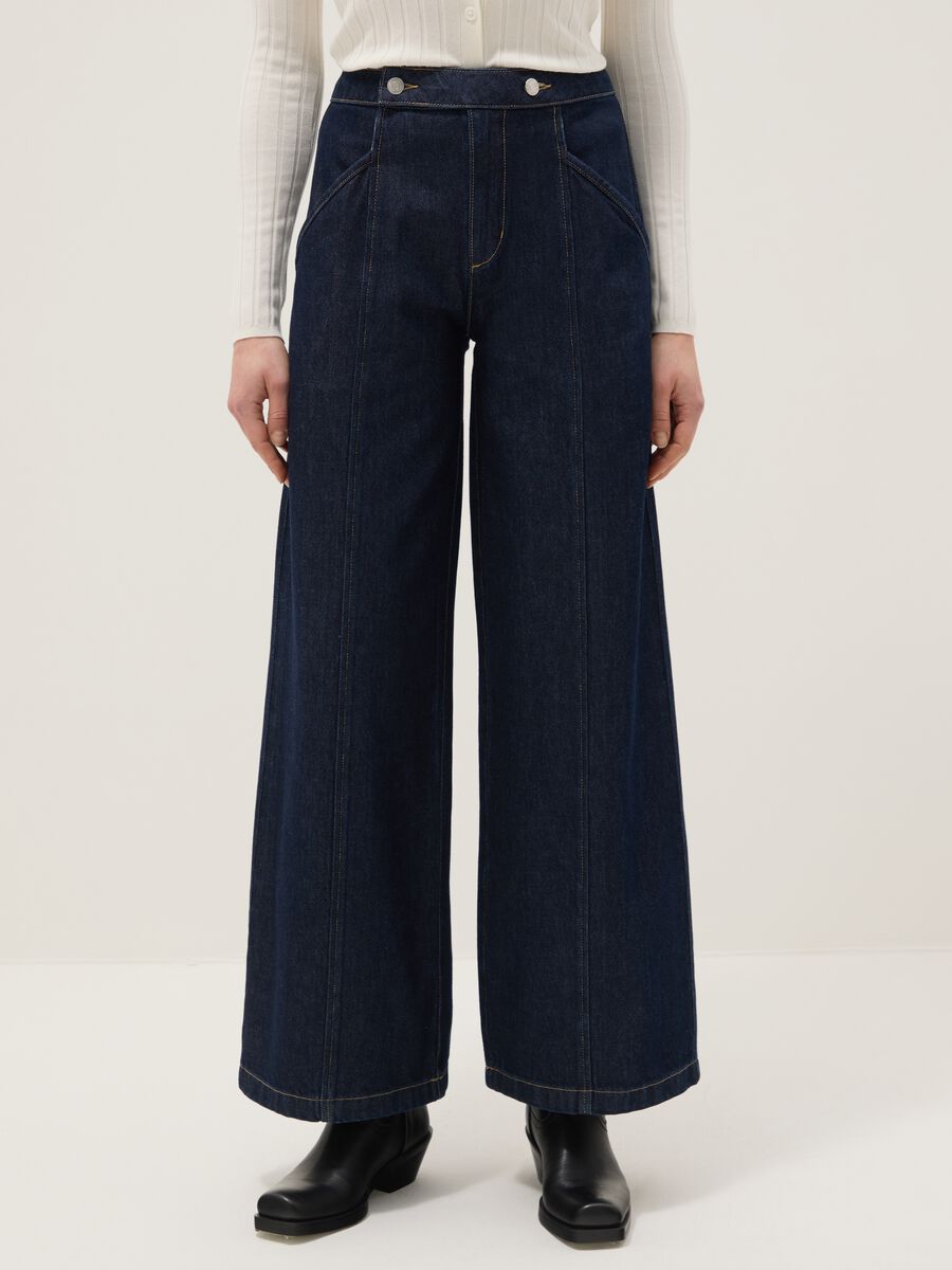 Wide leg stretch denim jeans in blue cotton_1