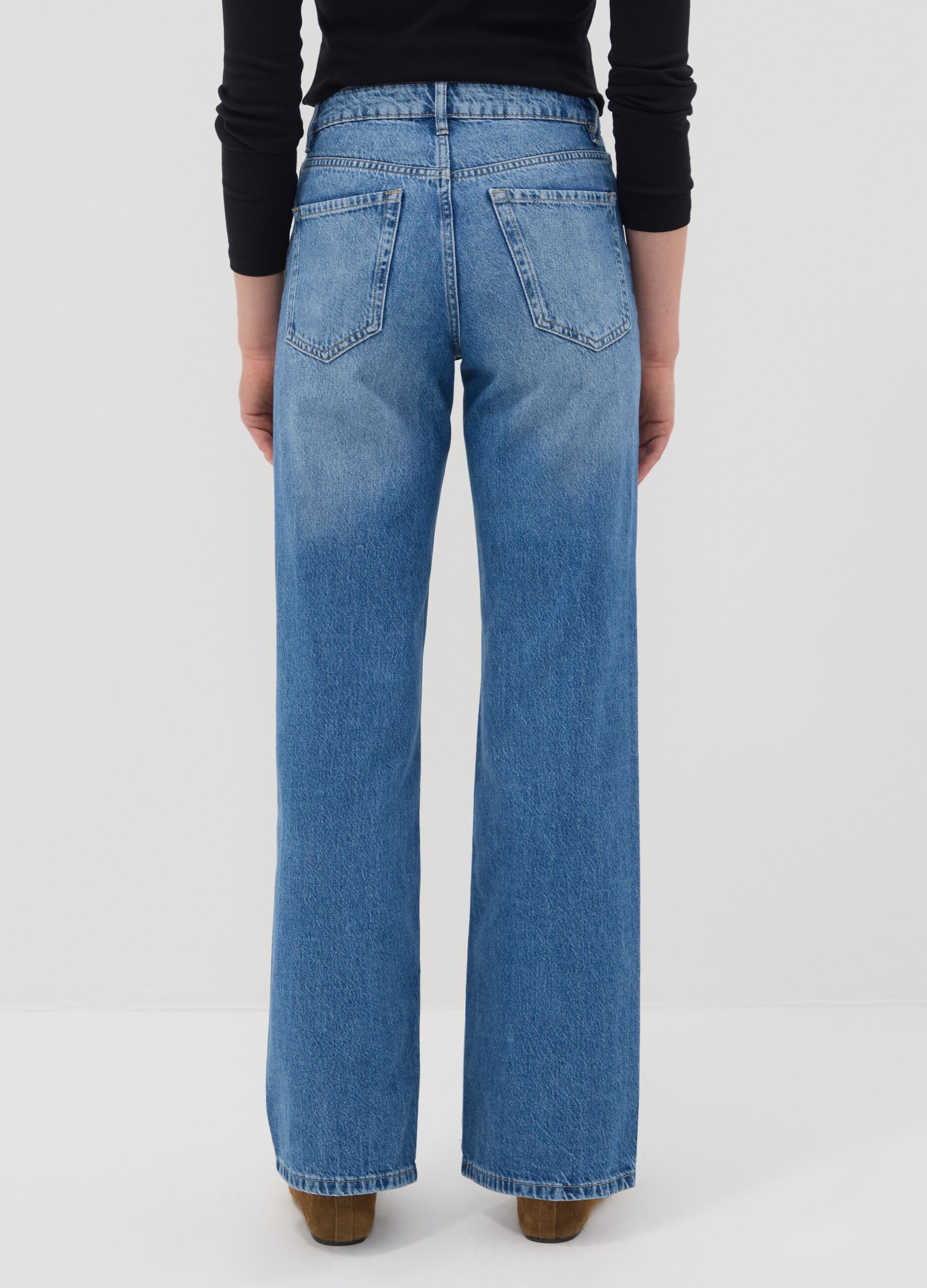 Light blue pure cotton high-waisted wide-leg denim jeans