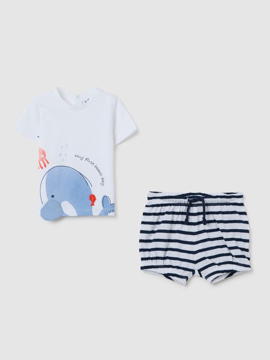 Children's summer set in pure white cotton with regular fit striped shorts_0