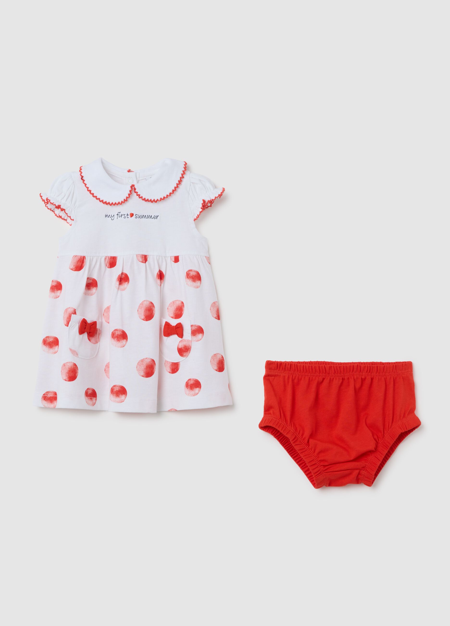 Abito da bambina in puro cotone bianco con pois rossi e dettagli rossi