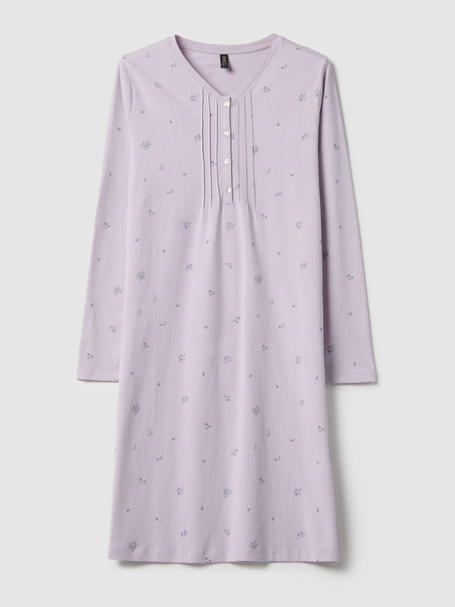Purple pure cotton nightdress with serafino collar and floral pattern_4
