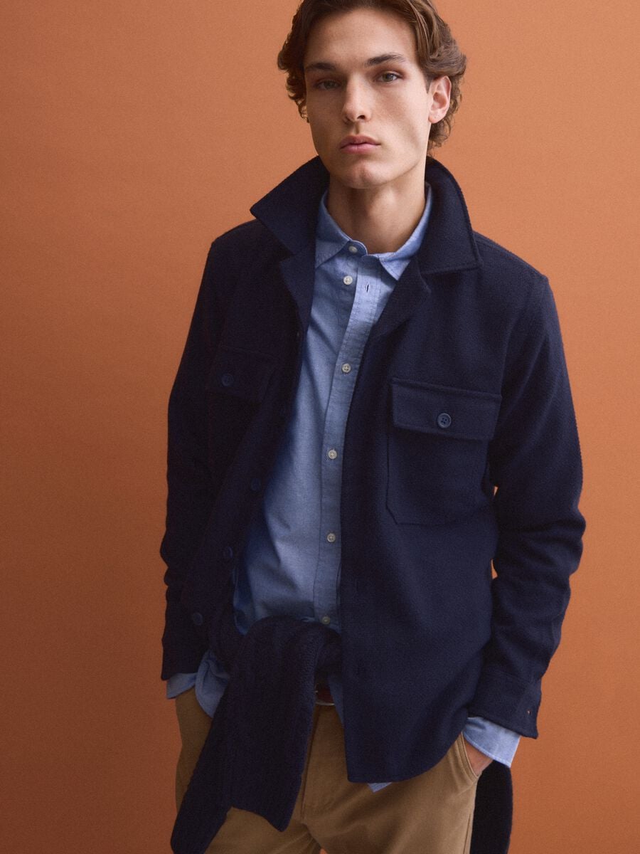 Blue wool and viscose-blend shacket with buttons, oversized fit_1