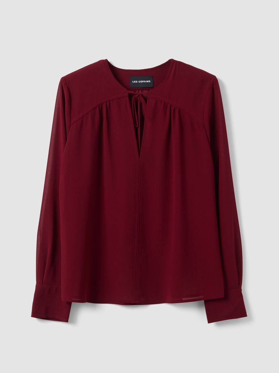Red regular-fit blouse with V-neck and tie detail_0