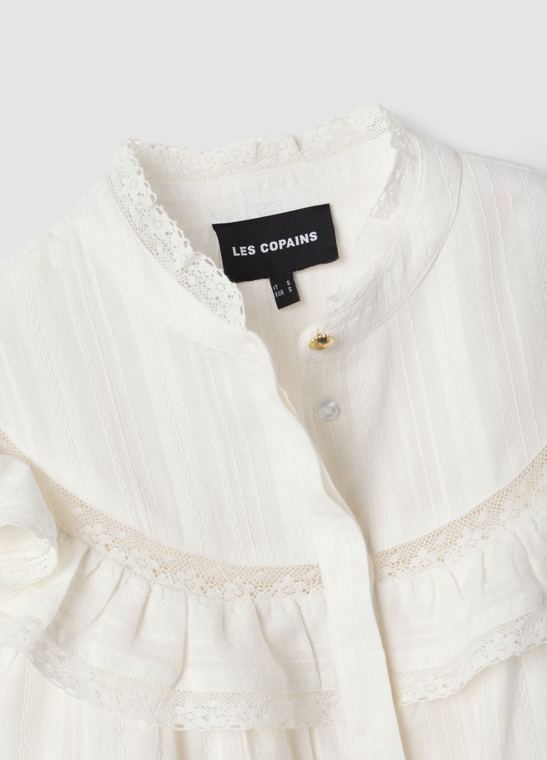 Camicia bianca in puro cotone con collo coreano e volant