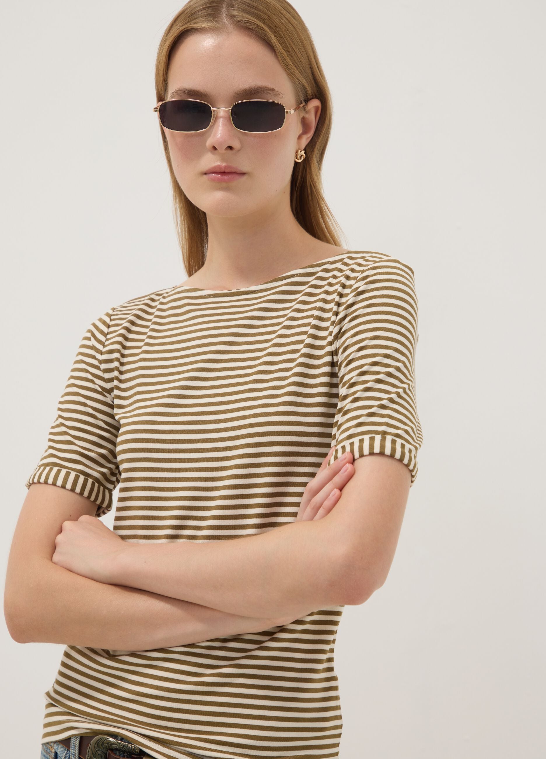 White striped stretch viscose T-shirt