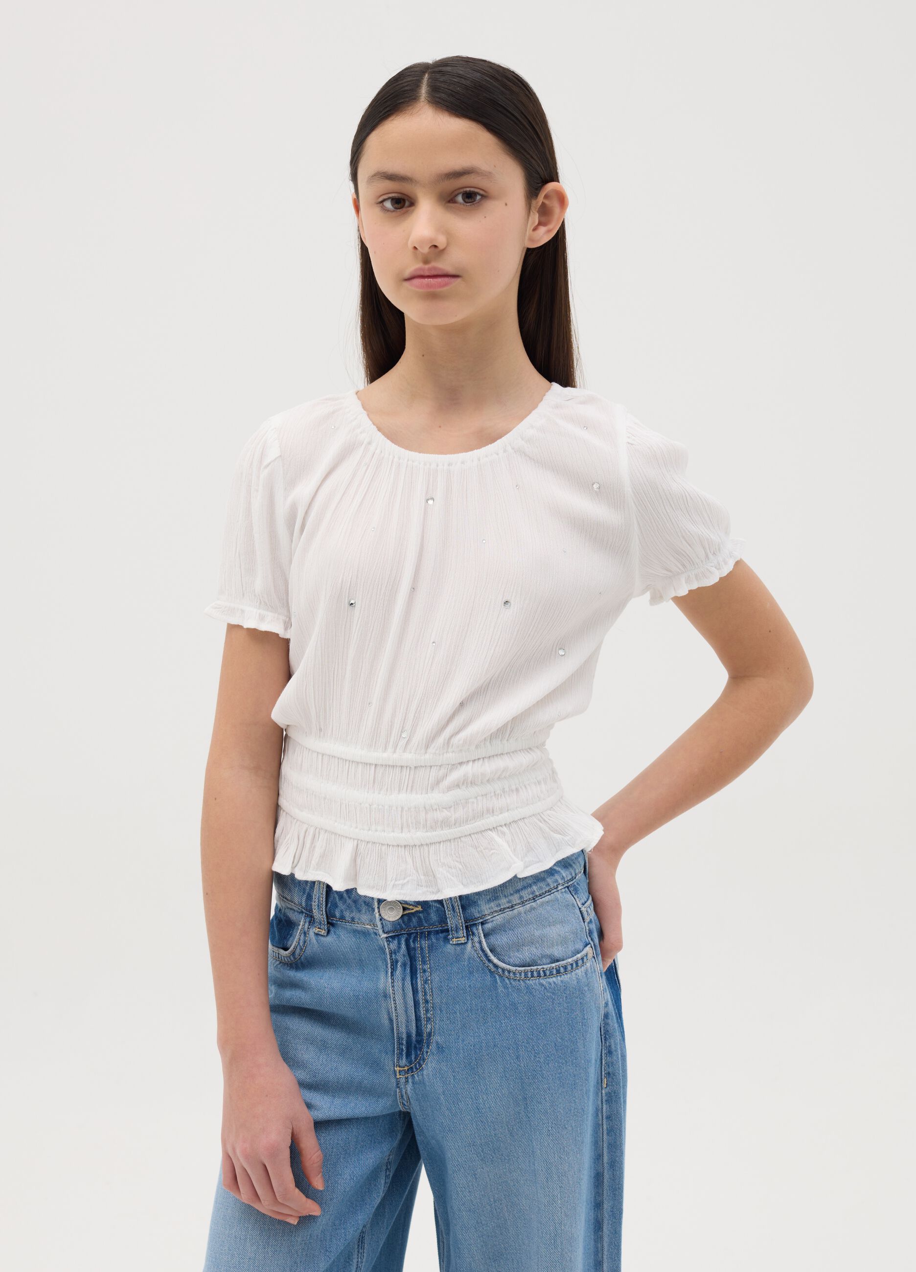 Crinkle T-shirt with frills and diamantés