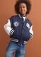 Blue varsity jacket with beige sleeves and print for boys_0