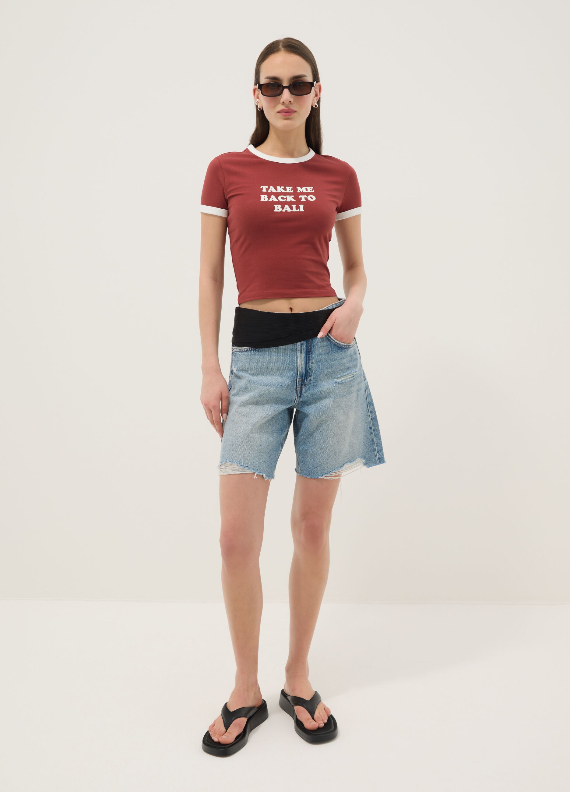 Red regular-fit stretch cotton T-shirt with print