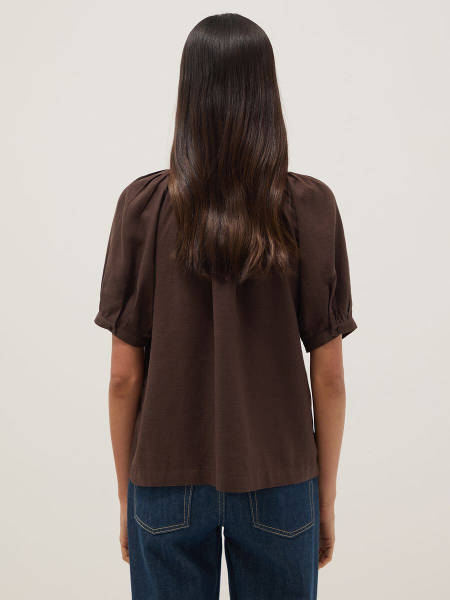 Brown linen blend regular fit shirt with Mandarin collar_3