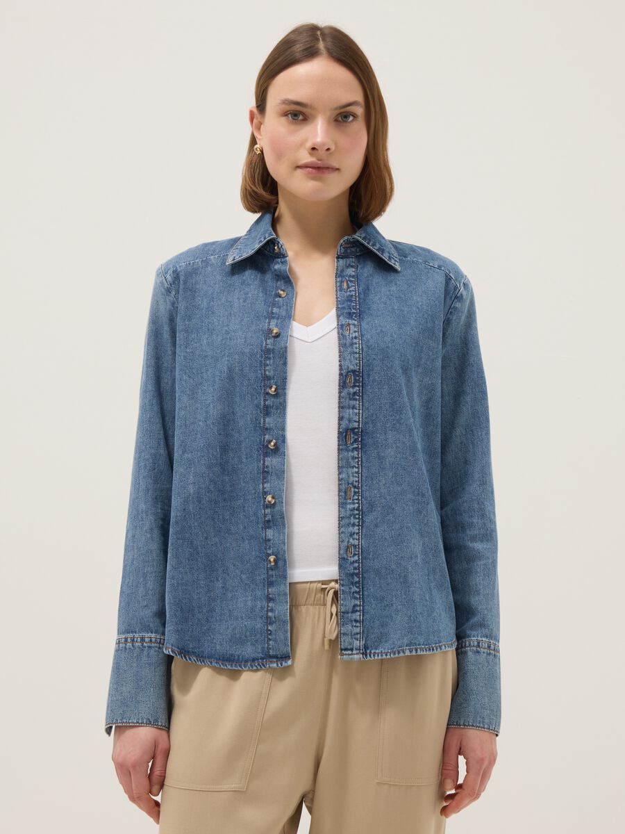 Camicia a maniche lunghe in puro cotone denim blu regular fit_1