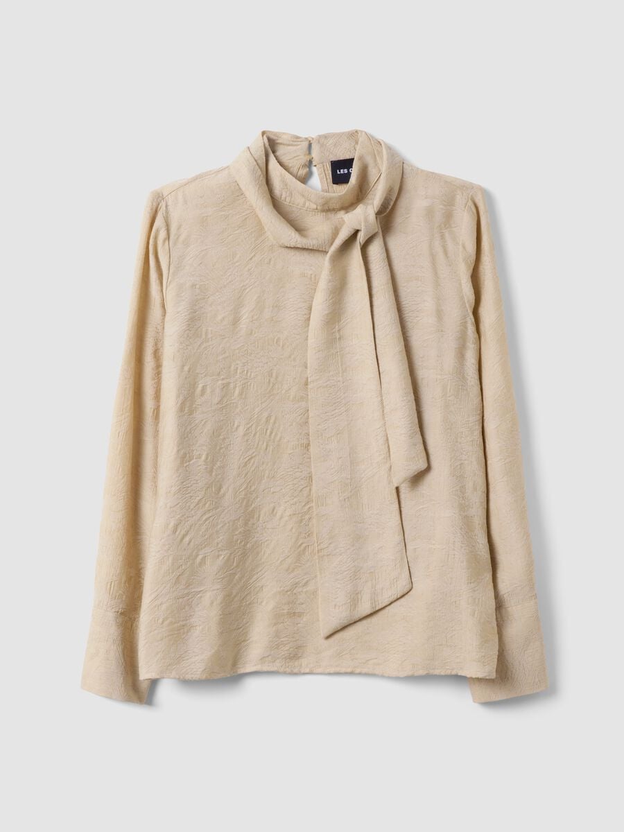 Camicia beige in misto viscosa con collo a fiocco_4