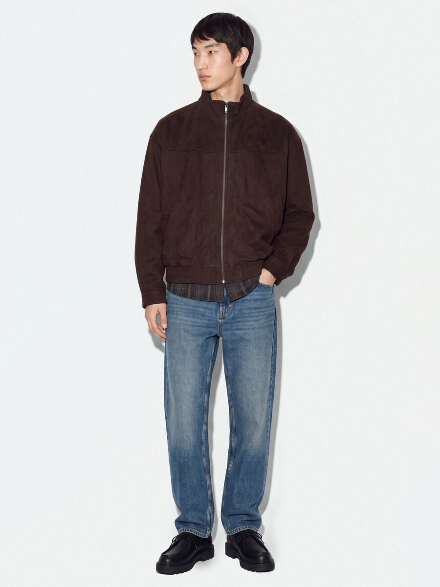 Brown padded cropped jacket with zip, oversized fit_1