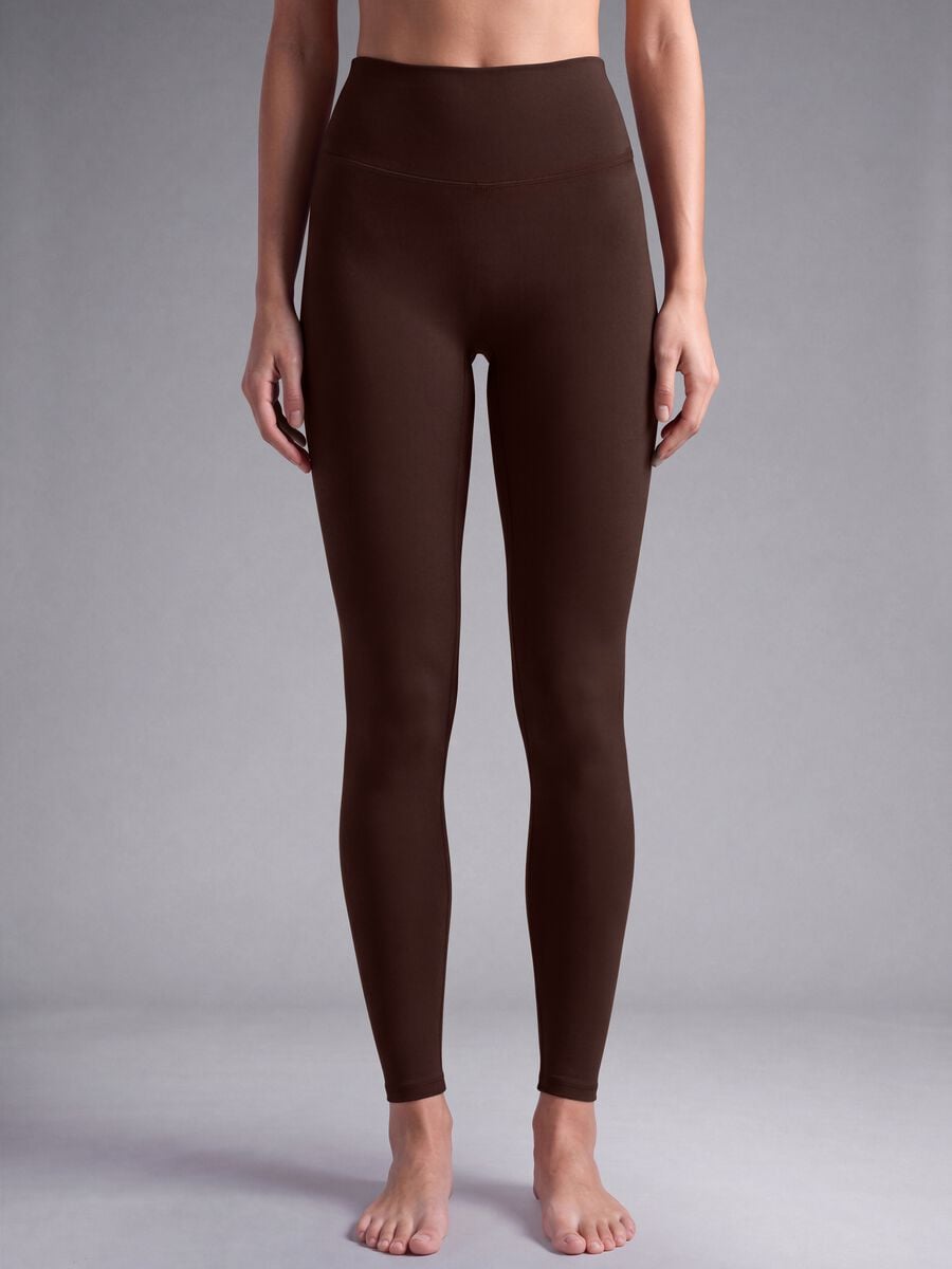 Leggings marroni in tessuto elasticizzato a vita alta_2