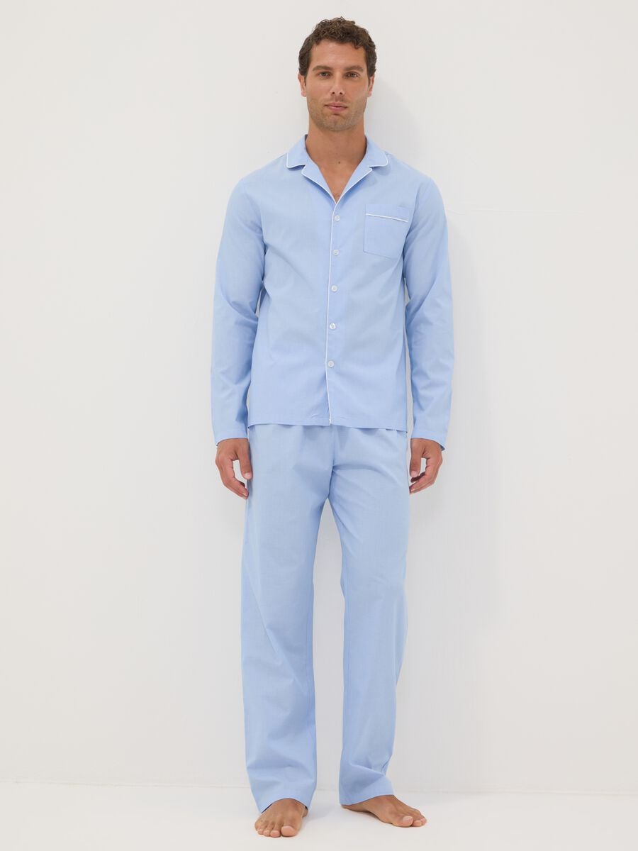 Pigiama azzurro in cotone organico con colletto_0