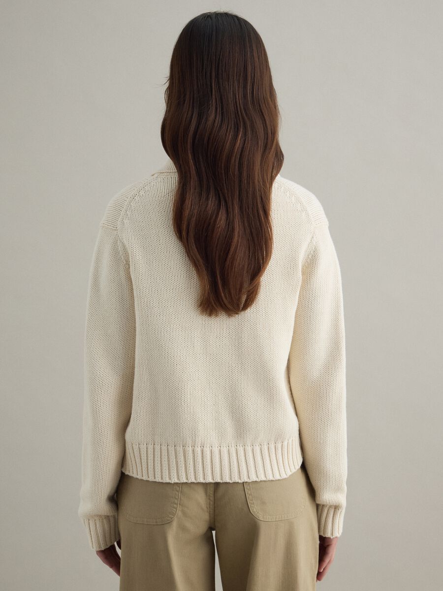 Beige pure cotton regular fit cardigan with polo collar_3