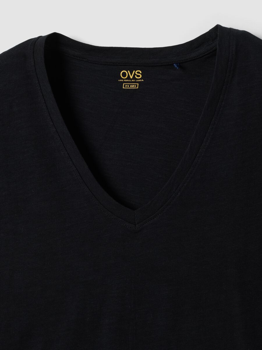 T-shirt blu in puro cotone con scollo a V regular fit_5