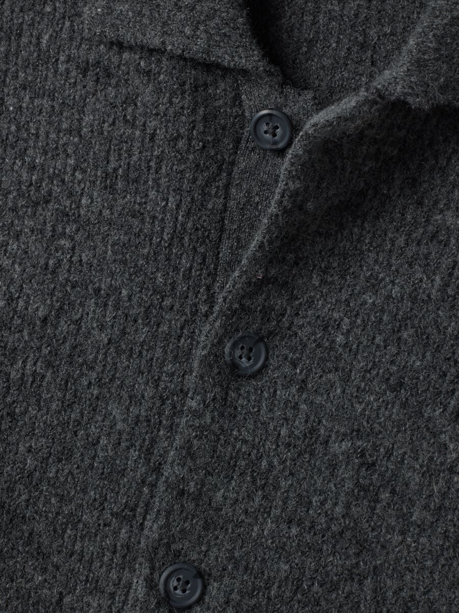 Cardigan grigio melange in lana elasticizzata colletto polo_1