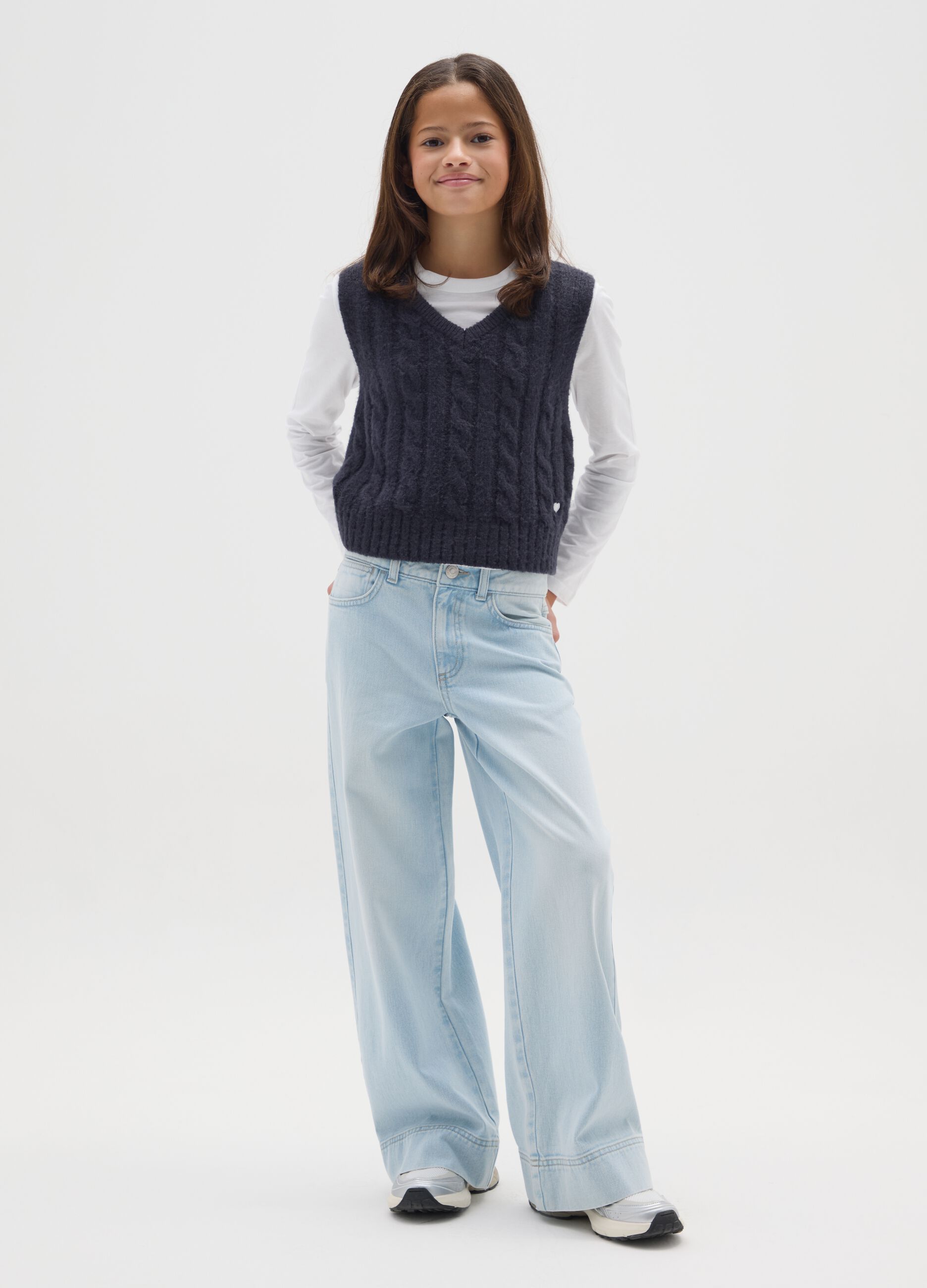 Girls' pure cotton wide-leg blue jeans