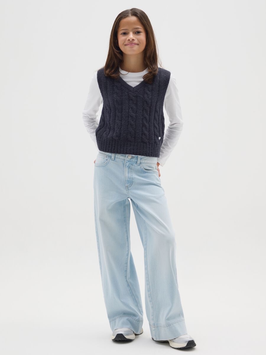 Jeans da ragazza in puro cotone azzurri a gamba larga_1